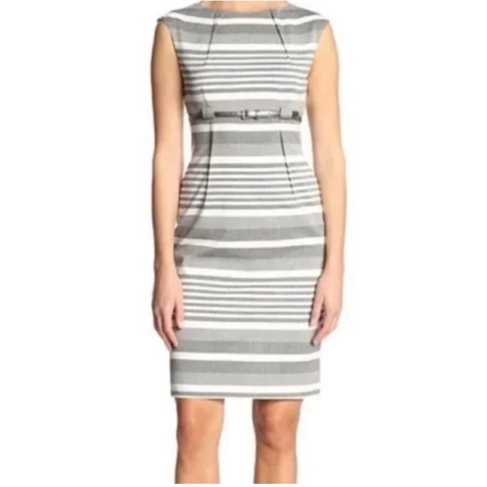 CALVIN KLEIN Woman’s Grey White Stripe Belted Dress